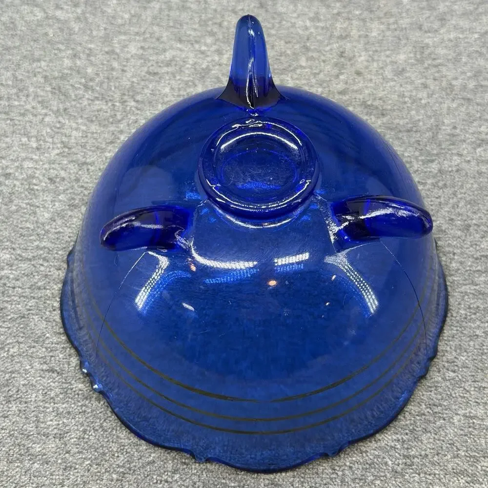 VTG Cobalt Blue Glass Candy Dish Bowl Mt Pleasant 3 Black Stripes 3 Toed READ